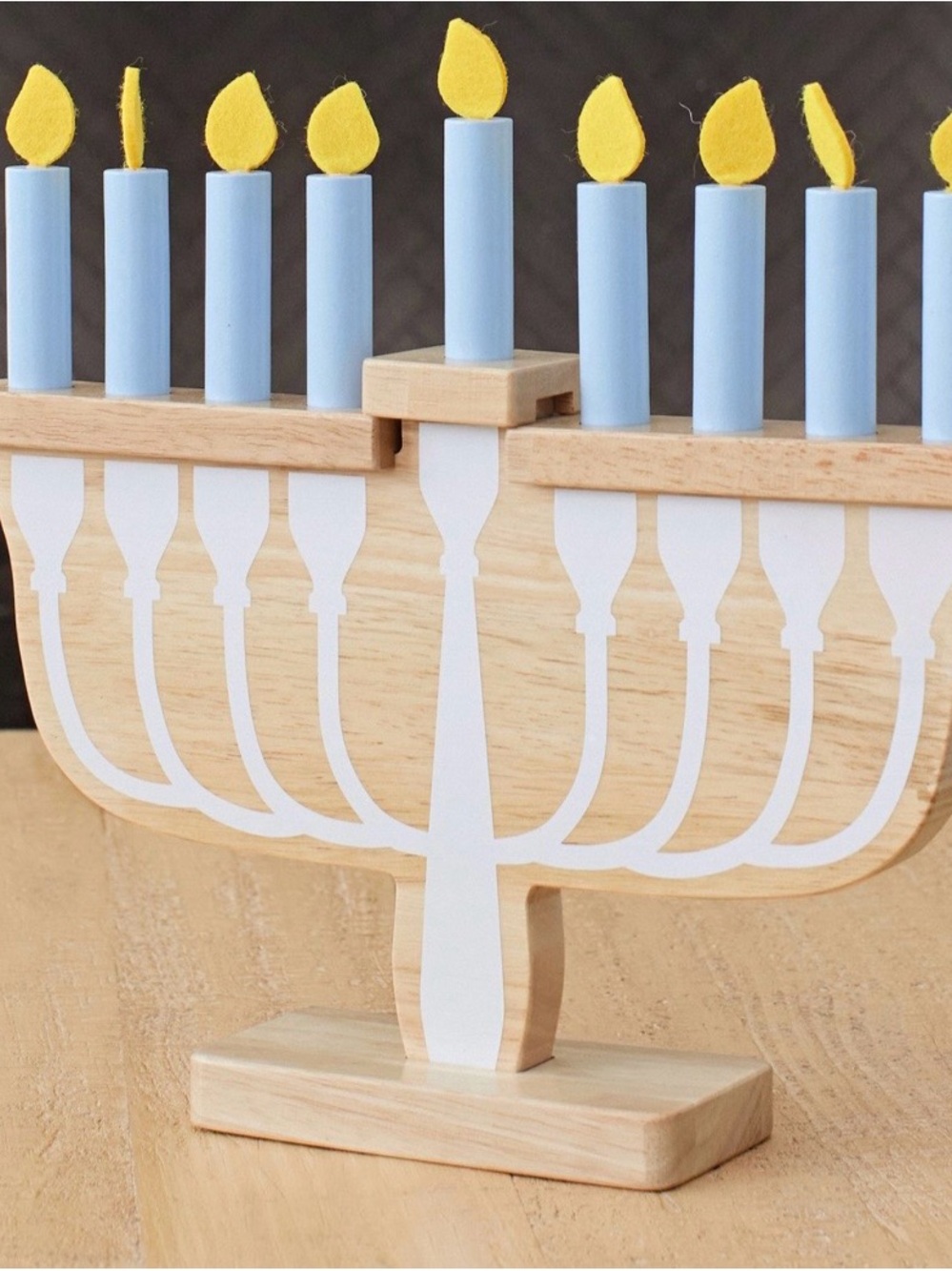 Pottery Barn Kids Wooden Menorah with Blue Candles and Yellow Flames